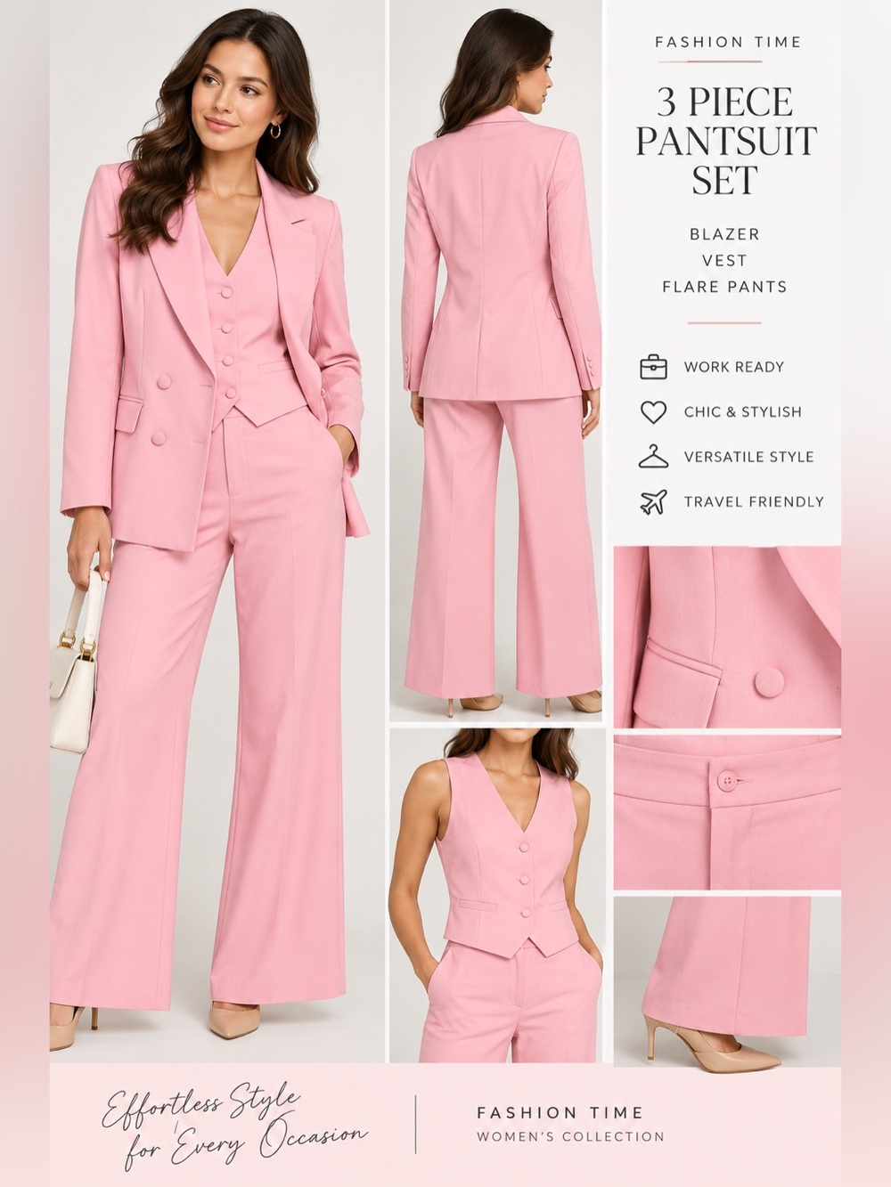 NWT Pink 3 Piece Pantsuit Blazer Vest Flare Pants Women’s Large